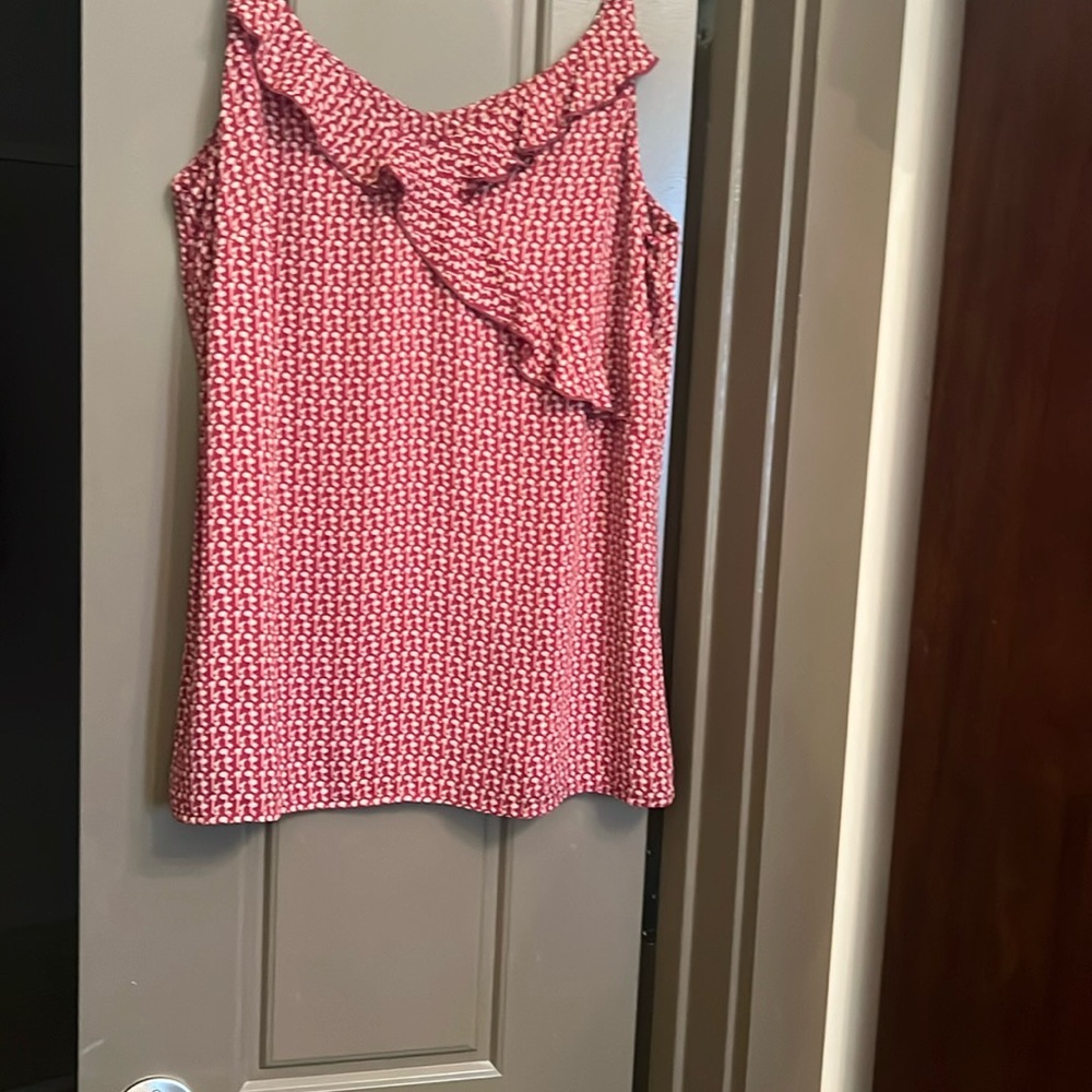 Cabi cranberry and cream colored strap top with v-neck ruffle.